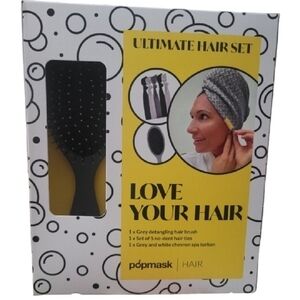 Popmask Ultimate 3 Piece Set, Detangling Hair Brush, Hair Ties, Spa Turban, NEW